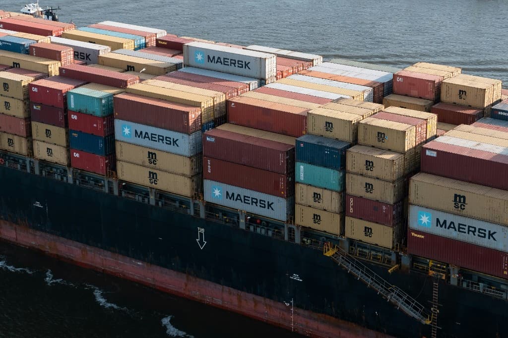 Loaded container ship at sea