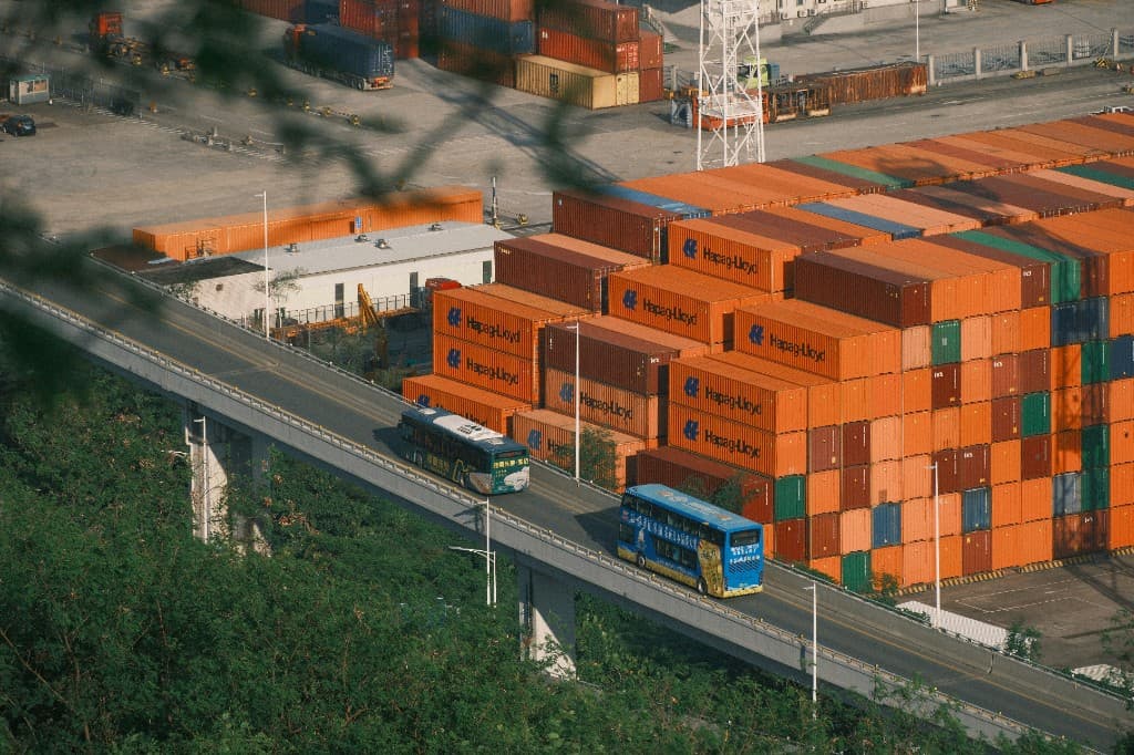Stacked shipping containers at a freight terminal