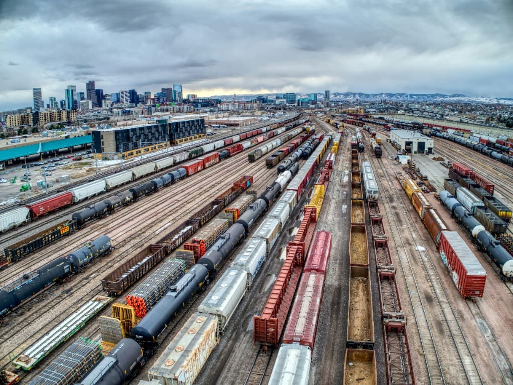 Freight railyard with cargo trains